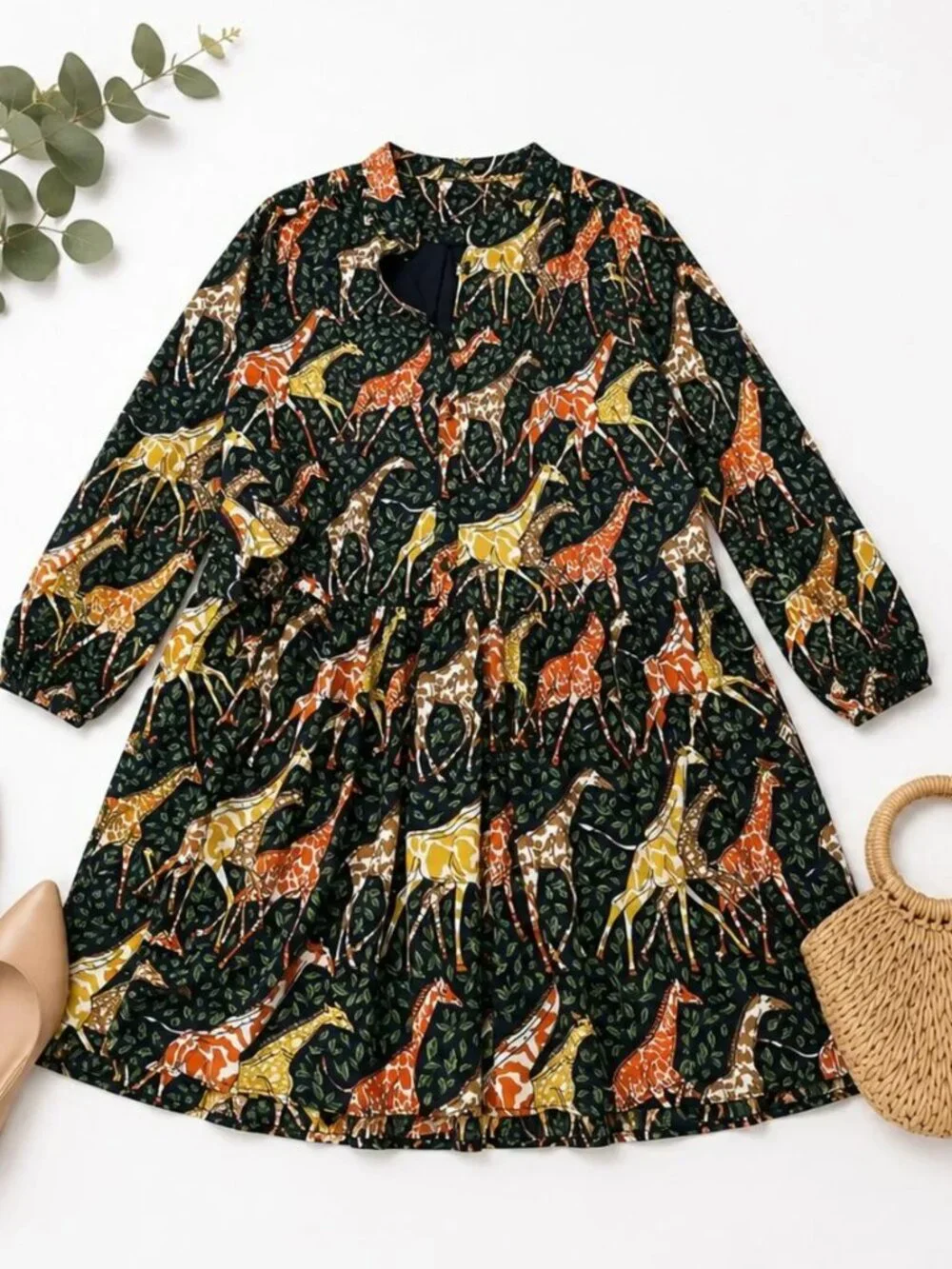 J.Crew Giraffe Print Mini Dress XS | Safari Animal Print Long Sleeve Swing Dress